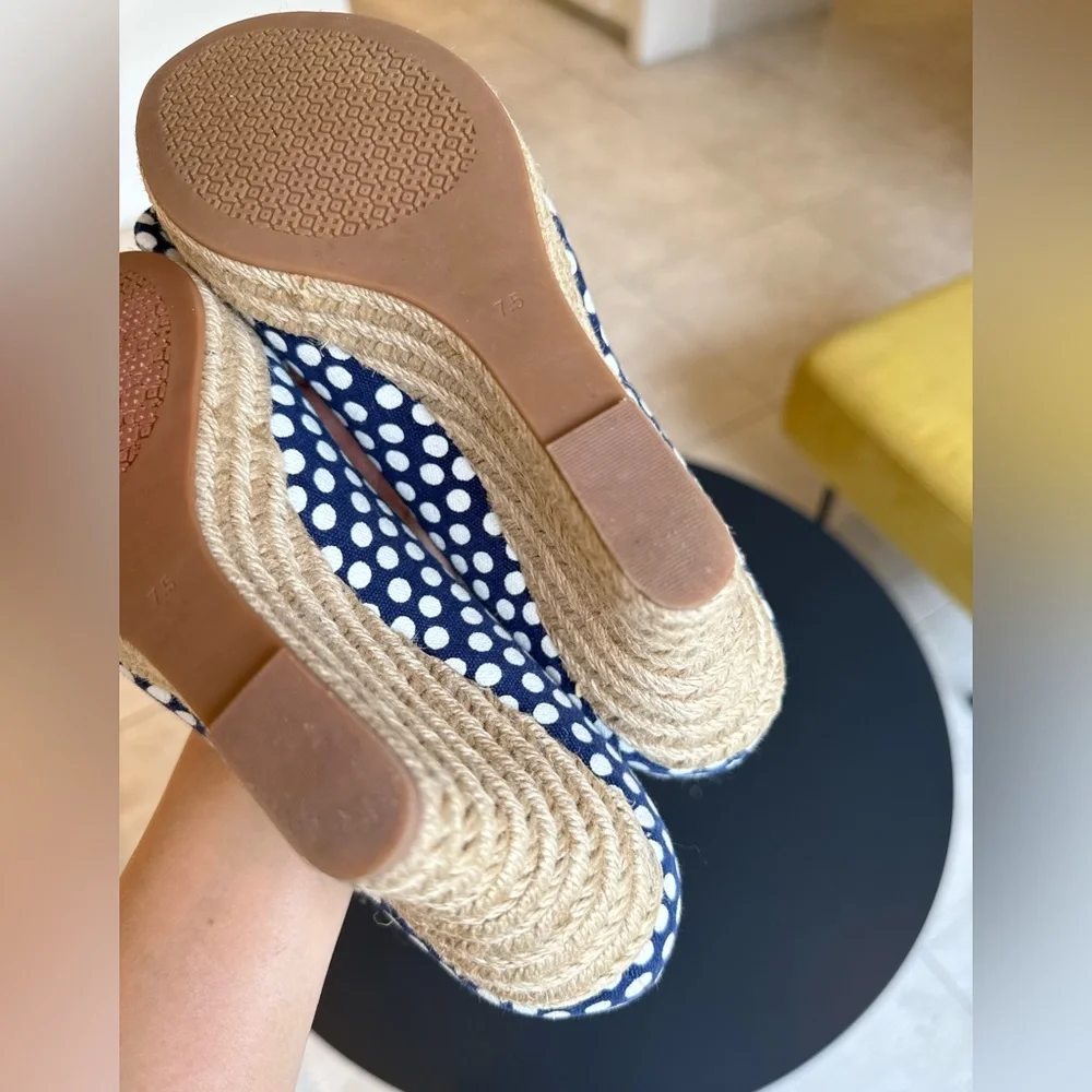 Tory Burch Dory 85MM Peep Toe Espadrille-Polka Dot Canvas, Size 7.5, GENTLY WORN